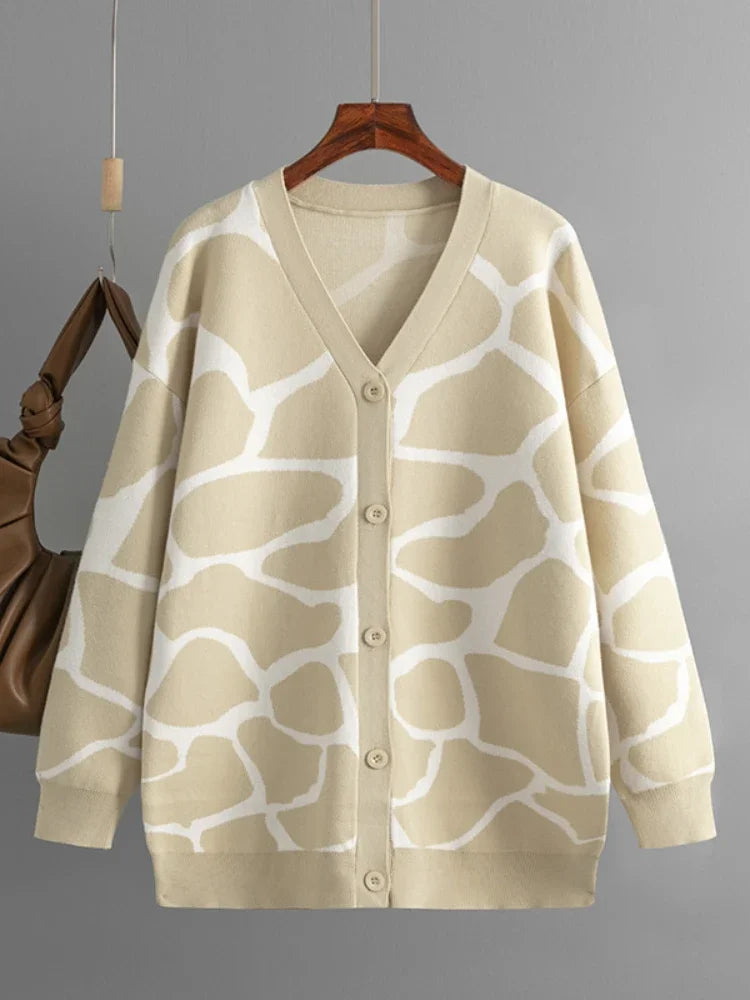 Cardigans- Giraffe’s Skin Print Pattern Sweater Cardigans- Khaki- IndioGear.com