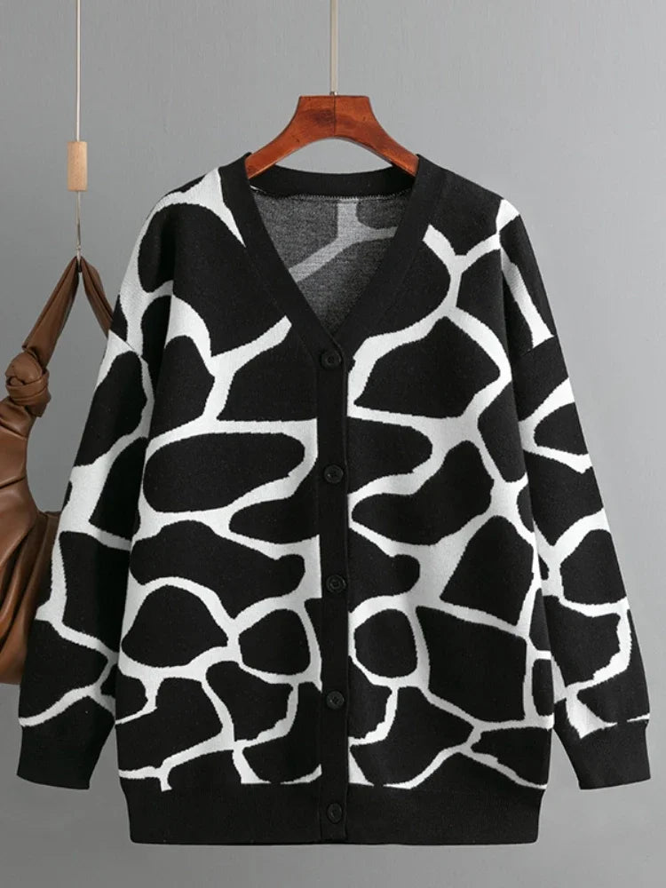 Cardigans- Giraffe’s Skin Print Pattern Sweater Cardigans- Black- IndioGear.com