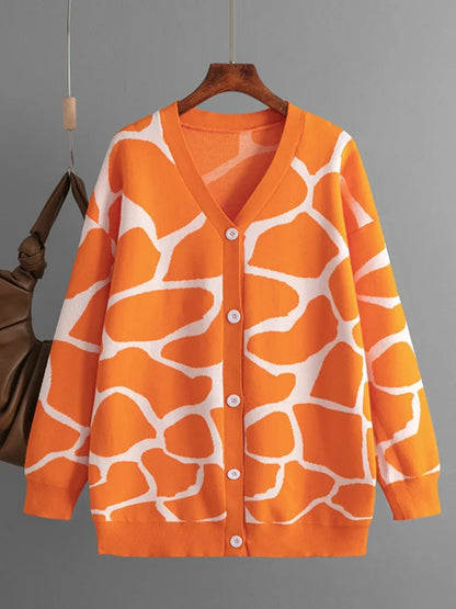 Cardigans- Giraffe’s Skin Print Pattern Sweater Cardigans- Orange- IndioGear.com