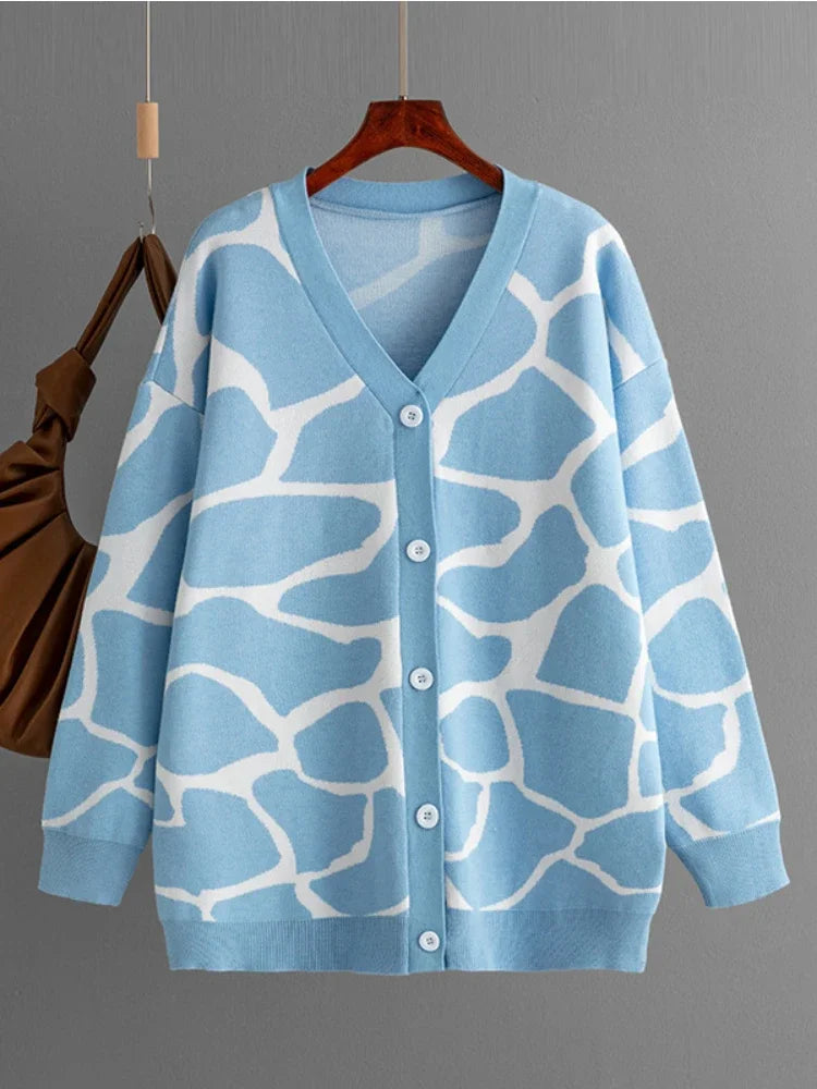 Cardigans- Giraffe’s Skin Print Pattern Sweater Cardigans- Sky Blue- IndioGear.com