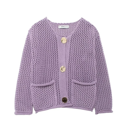 Cardigans- Golden Button Cardigan Oversized Hollow-Knit Sweater- Purple- IndioGear.com