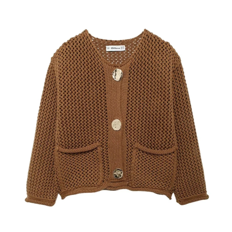 Cardigans- Golden Button Cardigan Oversized Hollow-Knit Sweater- - IndioGear.com