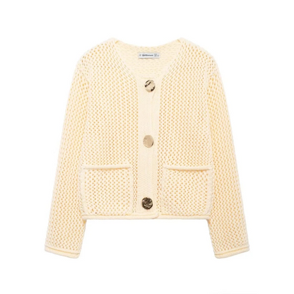 Cardigans- Golden Button Cardigan Oversized Hollow-Knit Sweater- - IndioGear.com