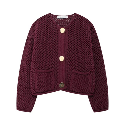 Cardigans- Golden Button Cardigan Oversized Hollow-Knit Sweater- Wine Red- IndioGear.com