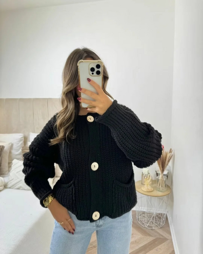 Cardigans- Golden Button Cardigan Oversized Hollow-Knit Sweater- - IndioGear.com