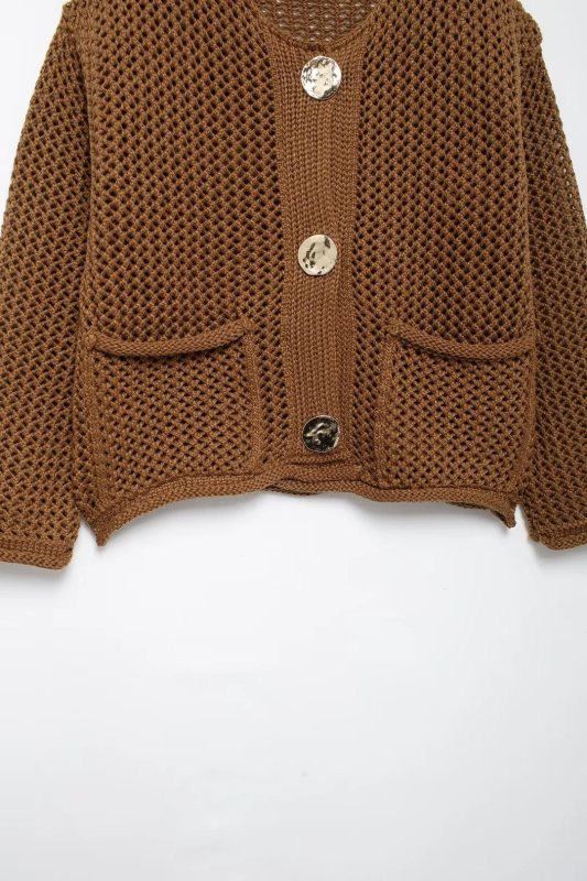 Cardigans- Golden Button Cardigan Oversized Hollow-Knit Sweater- - IndioGear.com