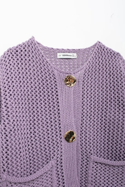 Cardigans- Golden Button Cardigan Oversized Hollow-Knit Sweater- - IndioGear.com