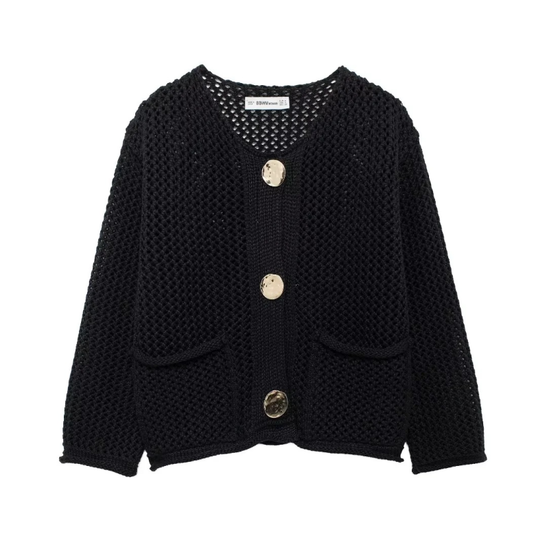 Cardigans- Golden Button Cardigan Oversized Hollow-Knit Sweater- - IndioGear.com