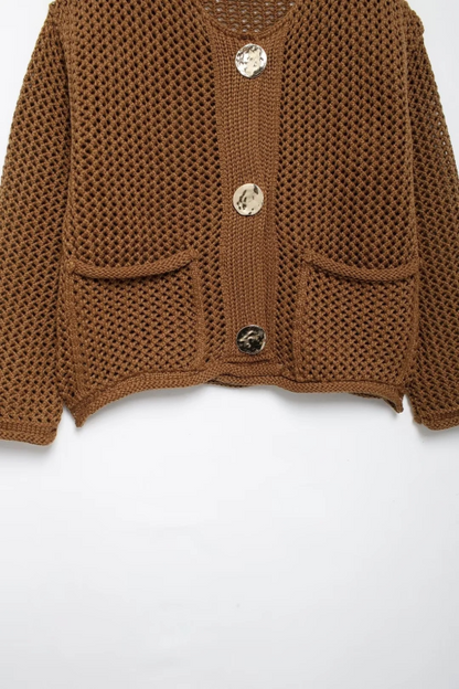 Cardigans- Golden Button Cardigan Oversized Hollow-Knit Sweater- - IndioGear.com