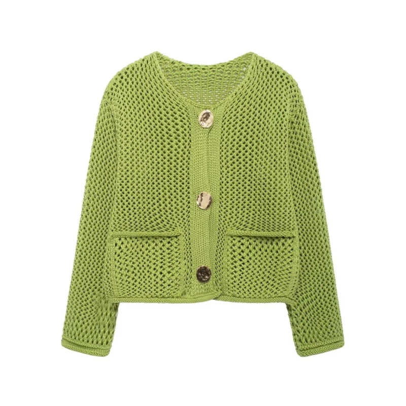 Cardigans- Golden Button Cardigan Oversized Hollow-Knit Sweater- - IndioGear.com