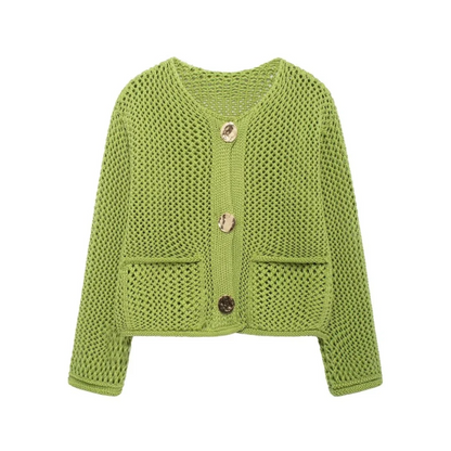 Cardigans- Golden Button Cardigan Oversized Hollow-Knit Sweater- Green- IndioGear.com