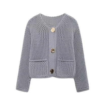 Cardigans- Golden Button Cardigan Oversized Hollow-Knit Sweater- Grey- IndioGear.com