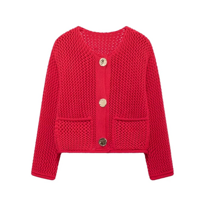 Cardigans- Golden Button Cardigan Oversized Hollow-Knit Sweater- Red- IndioGear.com