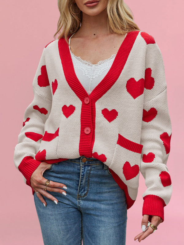 Cardigans- Heart Pattern Cardigan Motif Knitwear Sweater- Cracker khaki- IndioGear Women Clothing