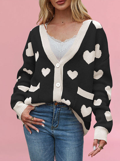 Cardigans- Heart Pattern Cardigan Motif Knitwear Sweater- Black- IndioGear Women Clothing