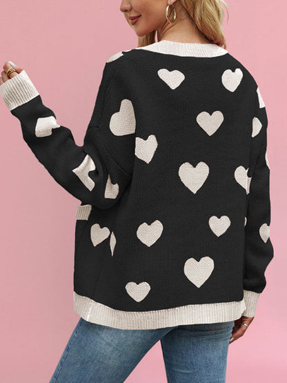 Cardigans- Heart Pattern Cardigan Motif Knitwear Sweater- - IndioGear Women Clothing