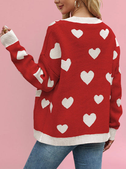 Cardigans- Heart Pattern Cardigan Motif Knitwear Sweater- - IndioGear Women Clothing