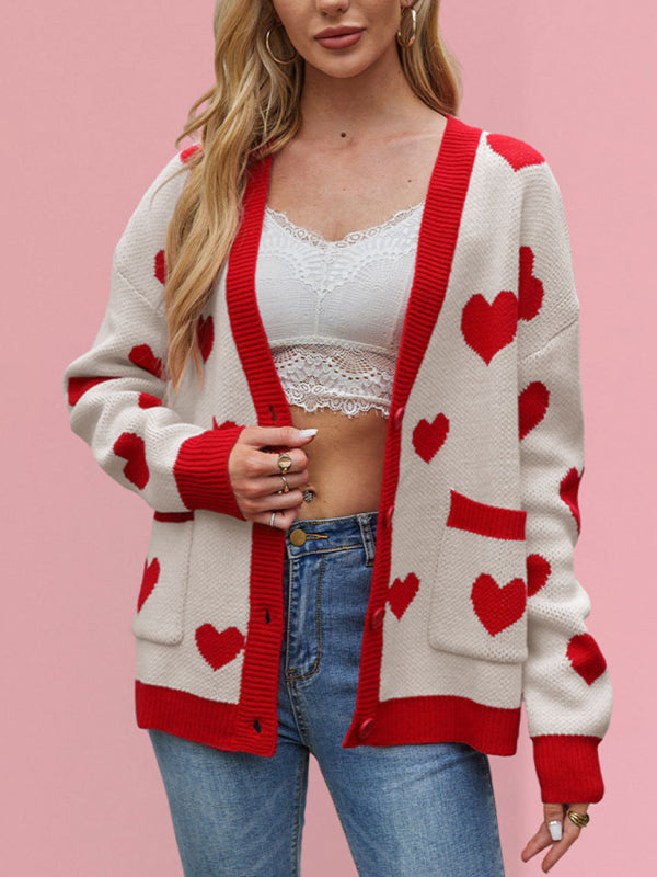 Cardigans- Heart Pattern Cardigan Motif Knitwear Sweater- - IndioGear Women Clothing