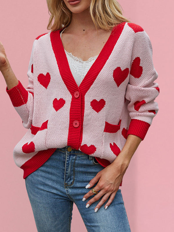 Cardigans- Heart Pattern Cardigan Motif Knitwear Sweater- Pink- IndioGear Women Clothing