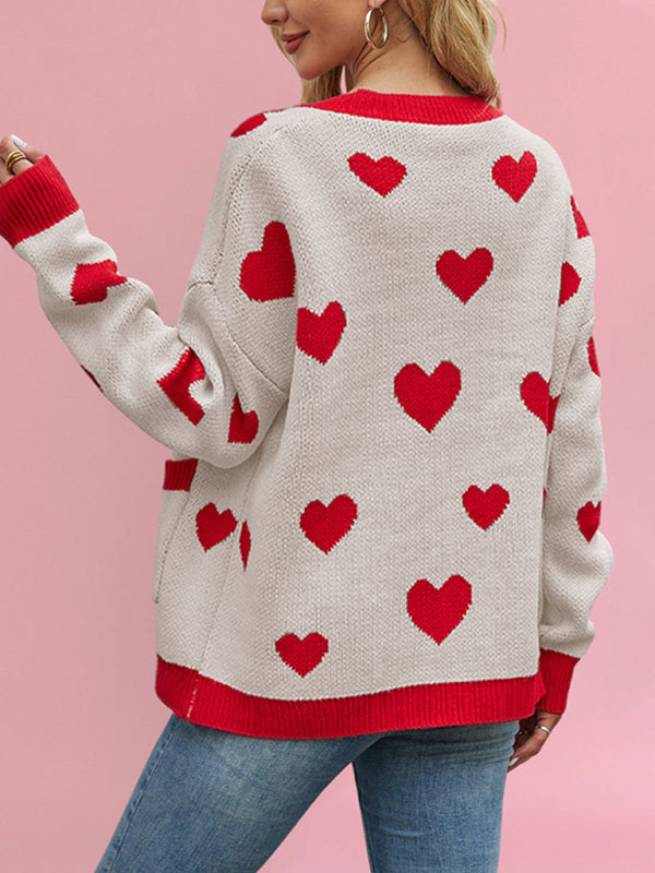 Cardigans- Heart Pattern Cardigan Motif Knitwear Sweater- - IndioGear Women Clothing