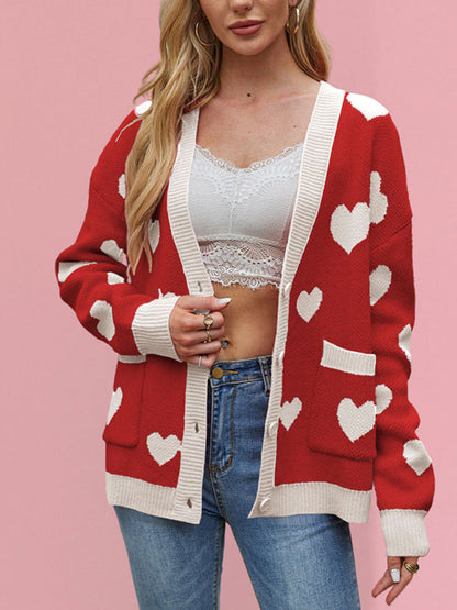 Cardigans- Heart Pattern Cardigan Motif Knitwear Sweater- - IndioGear Women Clothing