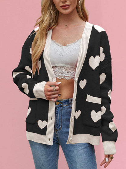 Cardigans- Heart Pattern Cardigan Motif Knitwear Sweater- - IndioGear Women Clothing