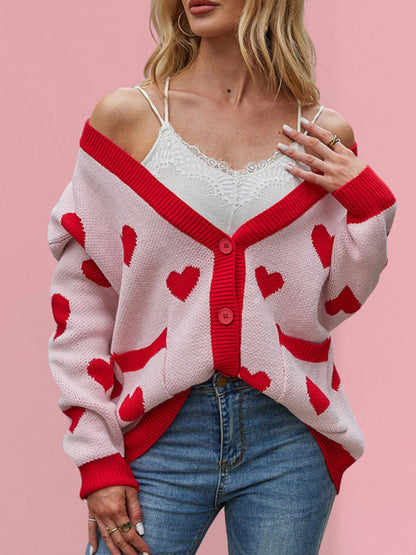 Cardigans- Heart Pattern Cardigan Motif Knitwear Sweater- - IndioGear Women Clothing