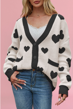 Cardigans- Heart Pattern Cardigan Motif Knitwear Sweater- Pattern- IndioGear Women Clothing