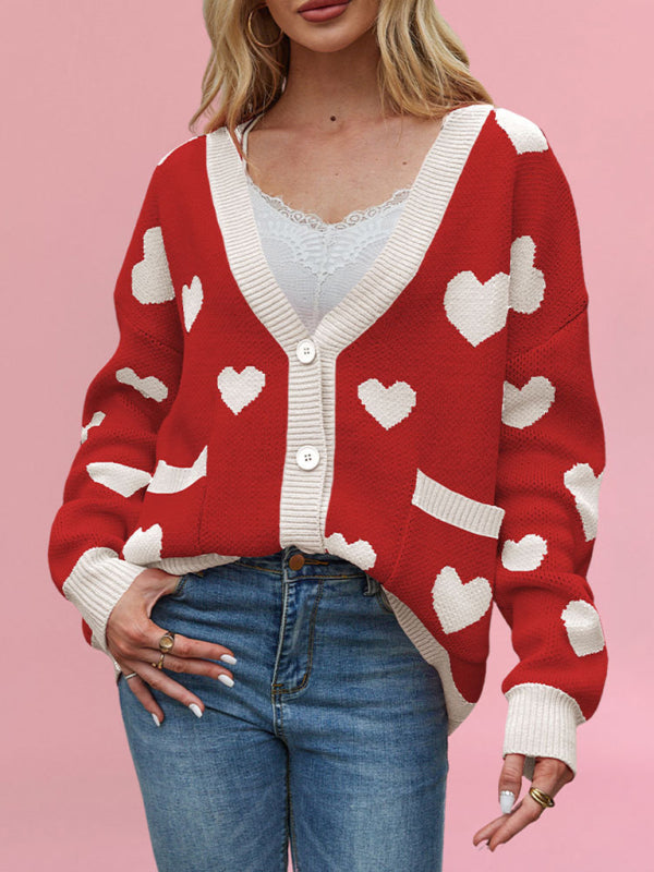 Cardigans- Heart Pattern Cardigan Motif Knitwear Sweater- Red- IndioGear Women Clothing