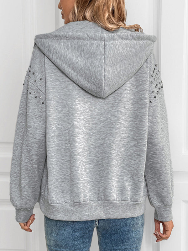 Cardigans- Heather-Gray Studded Hooded Jacket for Casual Days- - IndioGear Women Clothing