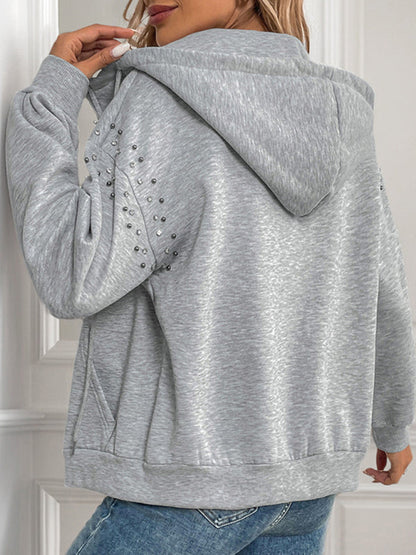 Cardigans- Heather-Gray Studded Hooded Jacket for Casual Days- - IndioGear Women Clothing