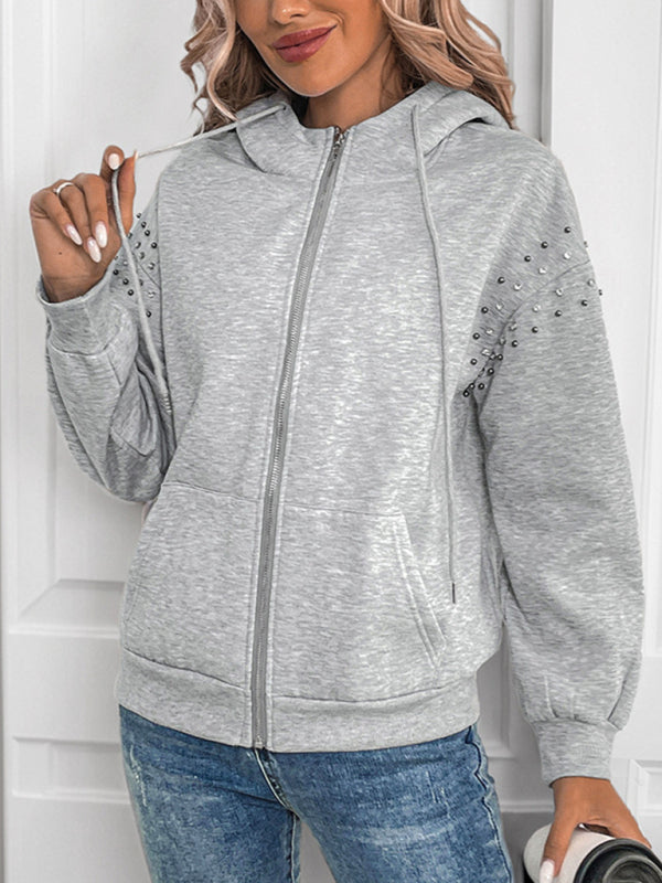 Cardigans- Heather-Gray Studded Hooded Jacket for Casual Days- - IndioGear Women Clothing