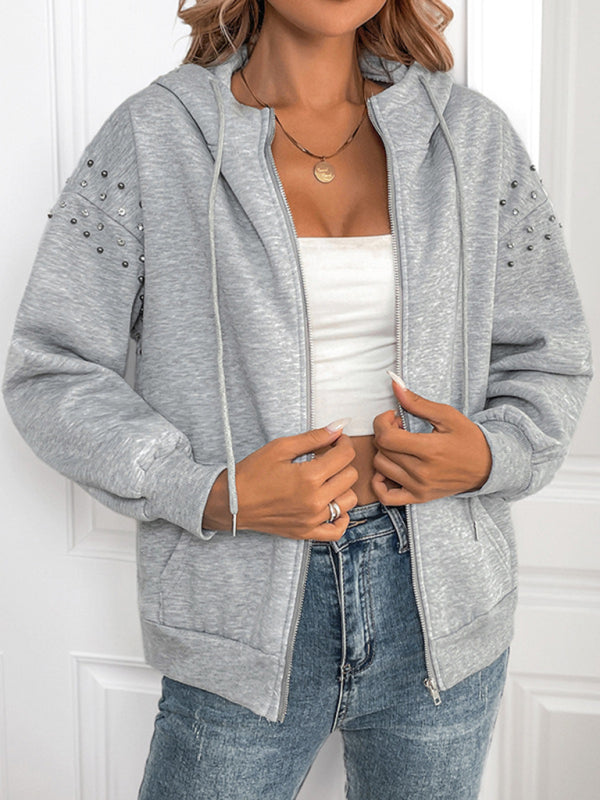 Cardigans- Heather-Gray Studded Hooded Jacket for Casual Days- Misty grey- IndioGear Women Clothing