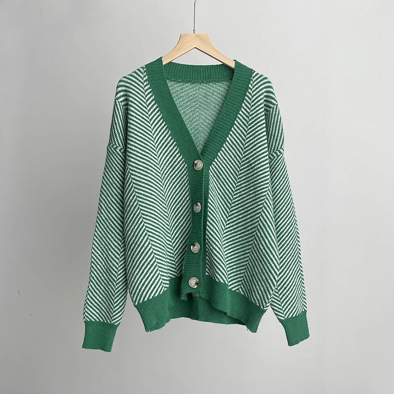 Cardigans- Herringbone Weaving Patter & Solid Trims Classic Cardigan- Green- IndioGear.com