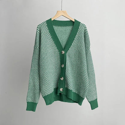 Cardigans- Herringbone Weaving Patter & Solid Trims Classic Cardigan- Green- IndioGear.com