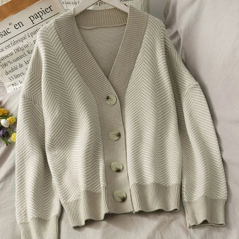 Cardigans- Herringbone Weaving Patter & Solid Trims Classic Cardigan- Khaki- IndioGear.com