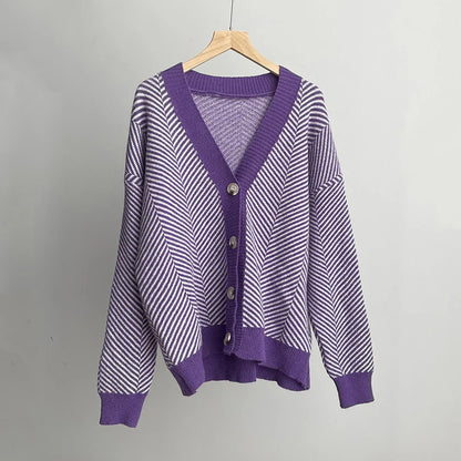 Cardigans- Herringbone Weaving Patter & Solid Trims Classic Cardigan- Purple- IndioGear.com