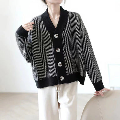 Cardigans- Herringbone Weaving Patter & Solid Trims Classic Cardigan- - IndioGear.com