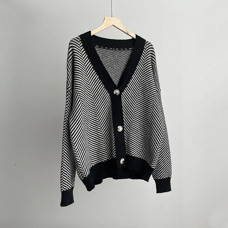 Cardigans- Herringbone Weaving Patter & Solid Trims Classic Cardigan- Black- IndioGear.com