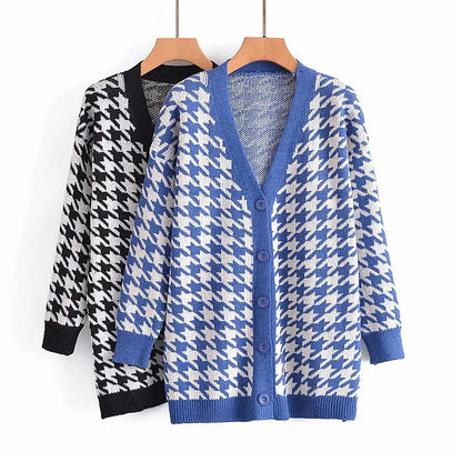 Cardigans- Houndstooth & Trim Casual Grandpa Cardigan- - IndioGear.com