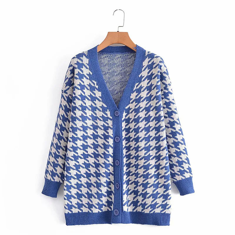 Cardigans- Houndstooth & Trim Casual Grandpa Cardigan- - IndioGear.com