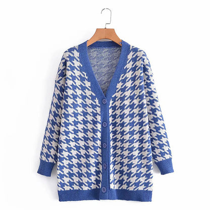 Cardigans- Houndstooth & Trim Casual Grandpa Cardigan- - IndioGear.com