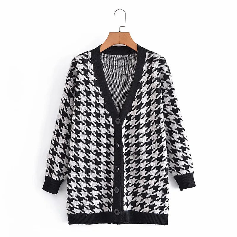 Cardigans- Houndstooth & Trim Casual Grandpa Cardigan- - IndioGear.com