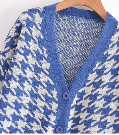 Cardigans- Houndstooth & Trim Casual Grandpa Cardigan- - IndioGear.com