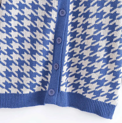 Cardigans- Houndstooth & Trim Casual Grandpa Cardigan- - IndioGear.com