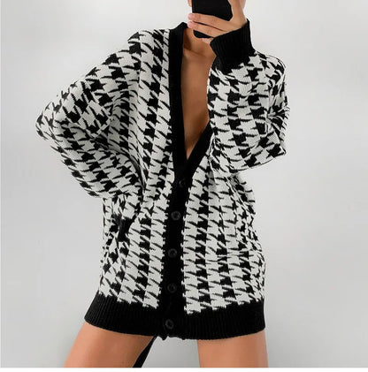 Cardigans- Houndstooth & Trim Casual Grandpa Cardigan- - IndioGear.com