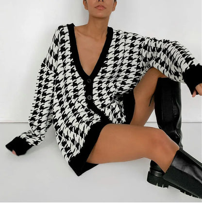 Cardigans- Houndstooth & Trim Casual Grandpa Cardigan- - IndioGear.com