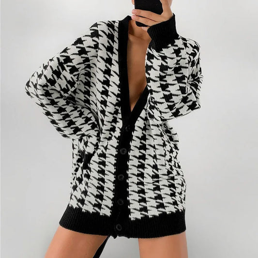 Cardigans- Houndstooth & Trim Casual Grandpa Cardigan- - IndioGear.com