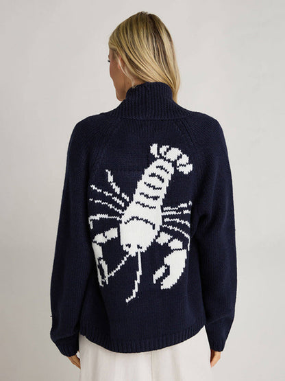 Cardigans- Lobster Back Cardigan Motif Knit Sweater for Women- Champlain color- IndioGear Women Clothing