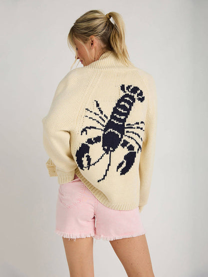 Cardigans- Lobster Back Cardigan Motif Knit Sweater for Women- Cracker khaki- IndioGear Women Clothing